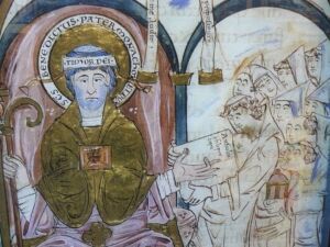 miniatura medieval de sant benet i els monjos 