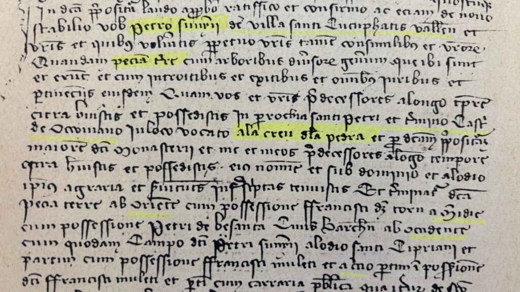 Text que esmenta “la creu de pedra” l’any 1402 (Biblioteca de Catalunya, ms. 1136)