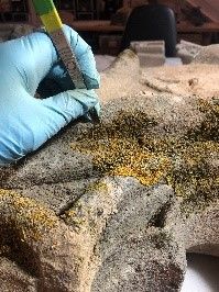 es fan les primeres proves de neteja, eliminació de líquens i es comença a separar alguns fragments en que la unió antiga ha quedat malmesa
